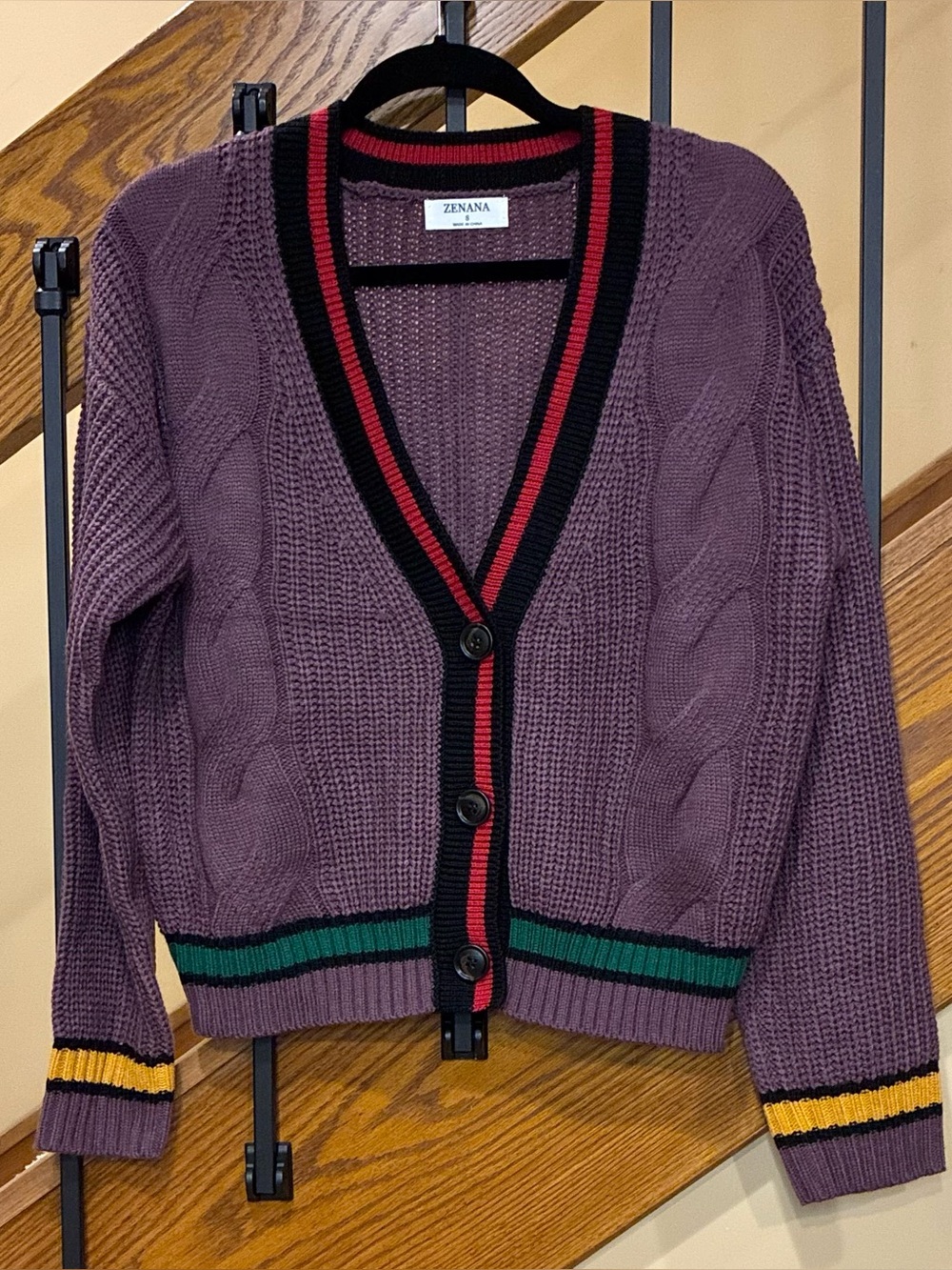 Zenana cardigan Cable Knit Button Front V-Neck Strip accent Purple SZ. Sm NWOT